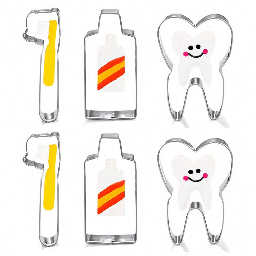 6Pcs Tooth Brush/Toothpaste/Teeth Cute Stainless Steel Cookie Cutter Fondant Cutter Baby Kids First Tooth Party Decorations Supp