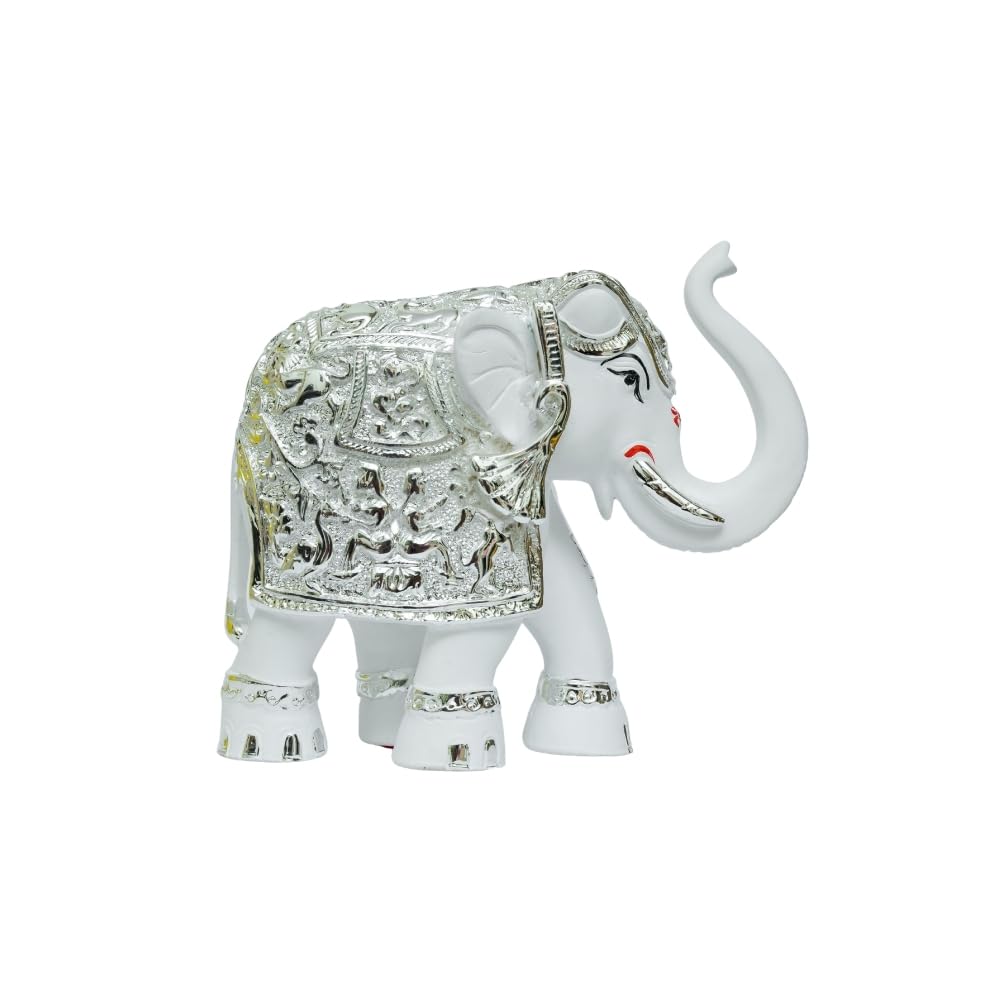 Aarya24Kt Elephant - White Silver (Trunk) Up - Medium | Silver Plated Vastu Decorative Showpiece | Good Luck Gift For Home, Offi