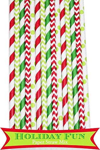 125 Pcs Christmas Green And Red Stripe Dot Chevron Paper Straw Mix
