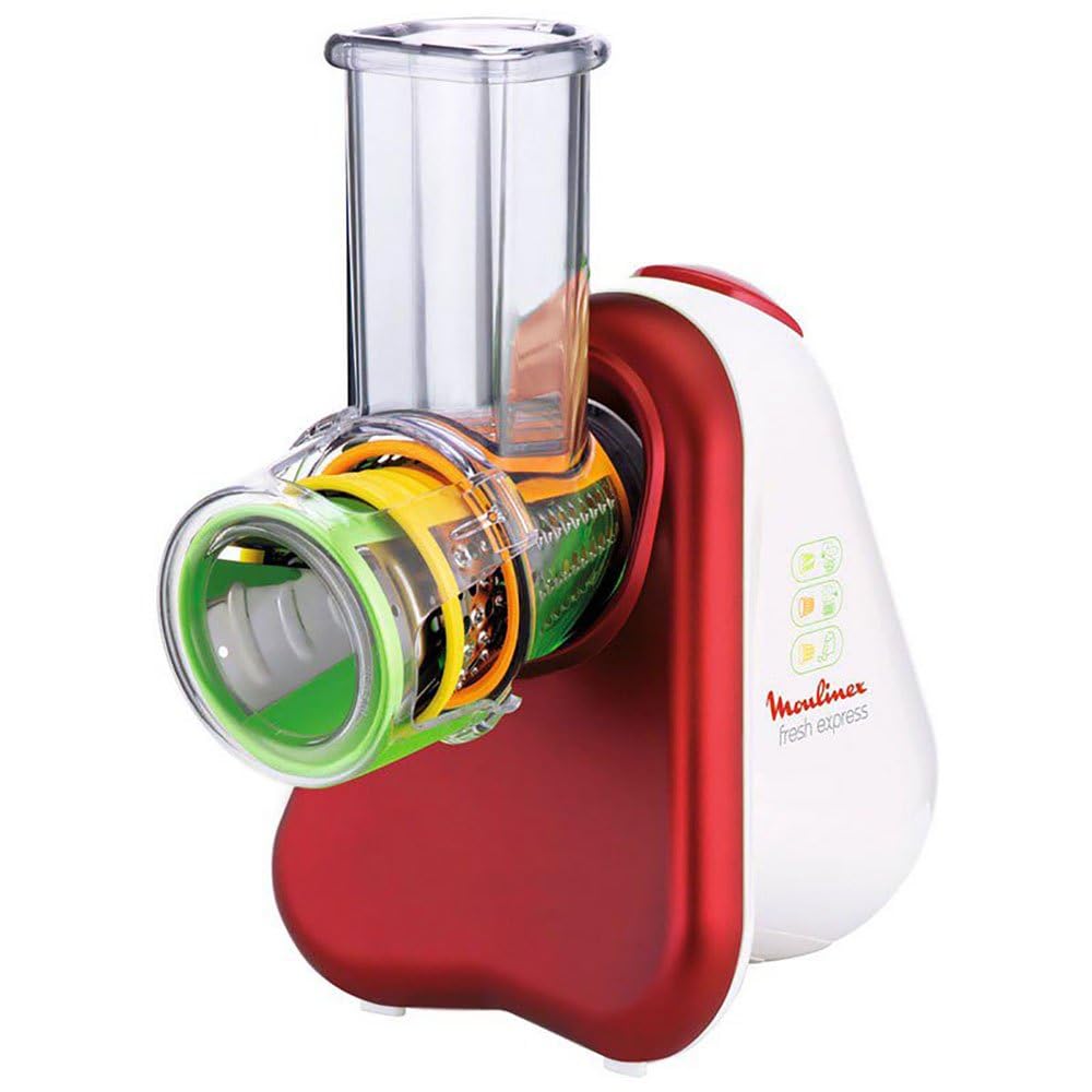 Moulinex DJ7535 Fresh Express 3-in-1 Electric Cutter, Vegetable Slicer, 200 W, 3 Inserts, Made in France, Red/White