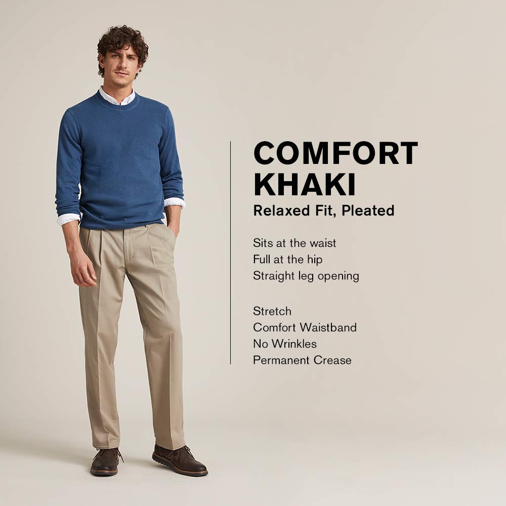 Dockers Mens Relaxed Fit Comfort Khaki Pants - Pleated, British Khaki (Stretch), 34W X 30L