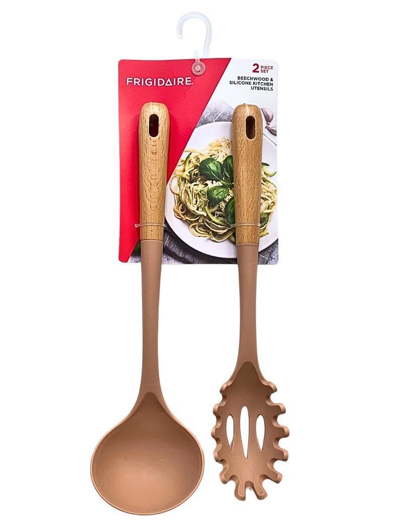 Frigidaire 2PC Beechwood Silicone Utensil Set, Large Soup Ladle, Large Pasta Fork, HeatResistant, Kitchen Cooking Utensils with