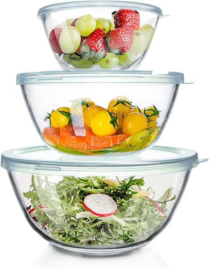 Femora Classic Borosilicate Glass Mixing Bowl With Lid, 3 Pcs Set (500Ml, 800Ml &1600Ml), Serving Bowl, Kitchen, Oven & Microwav