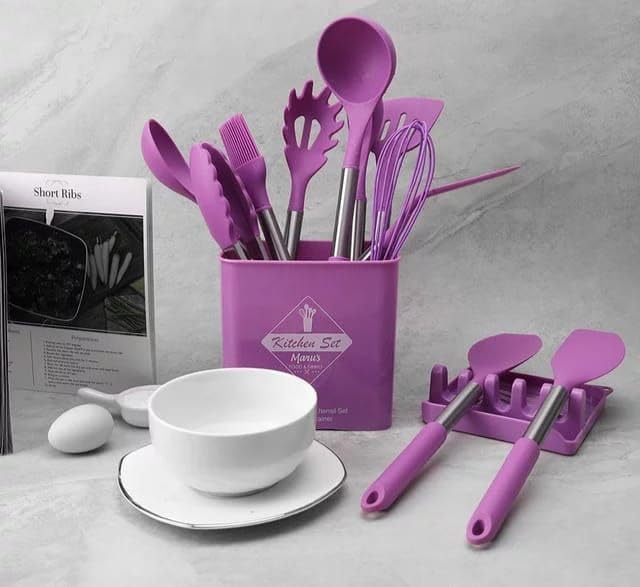 Mirramor Silicone Cooking 12 Pcs Kitchen Utensils Set NonStick Heat Stainless Steel With Silicon Cover Handle Cooking Spatula S