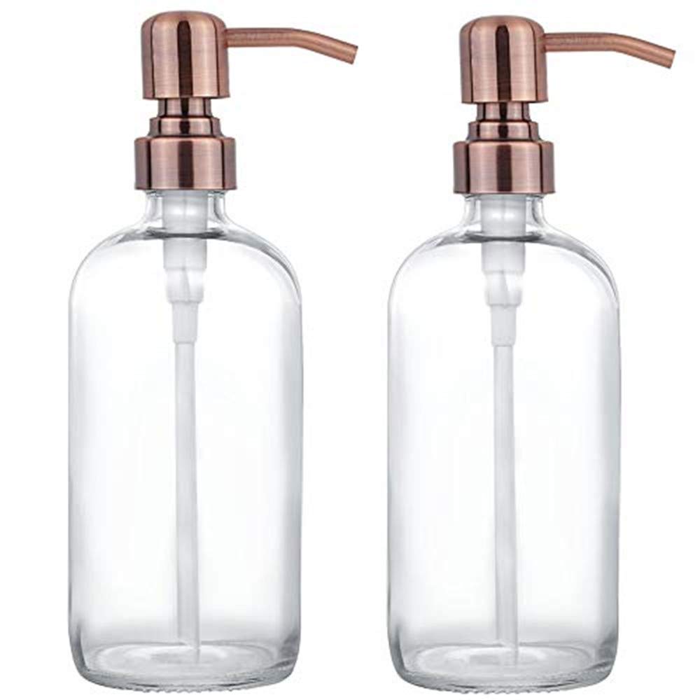 2 Pack Thick Clear Glass Pint Jar Soap Dispenser With Copper Stainless Steel Pump, 16Ounce Clear Boston Round Bottles Dispenser