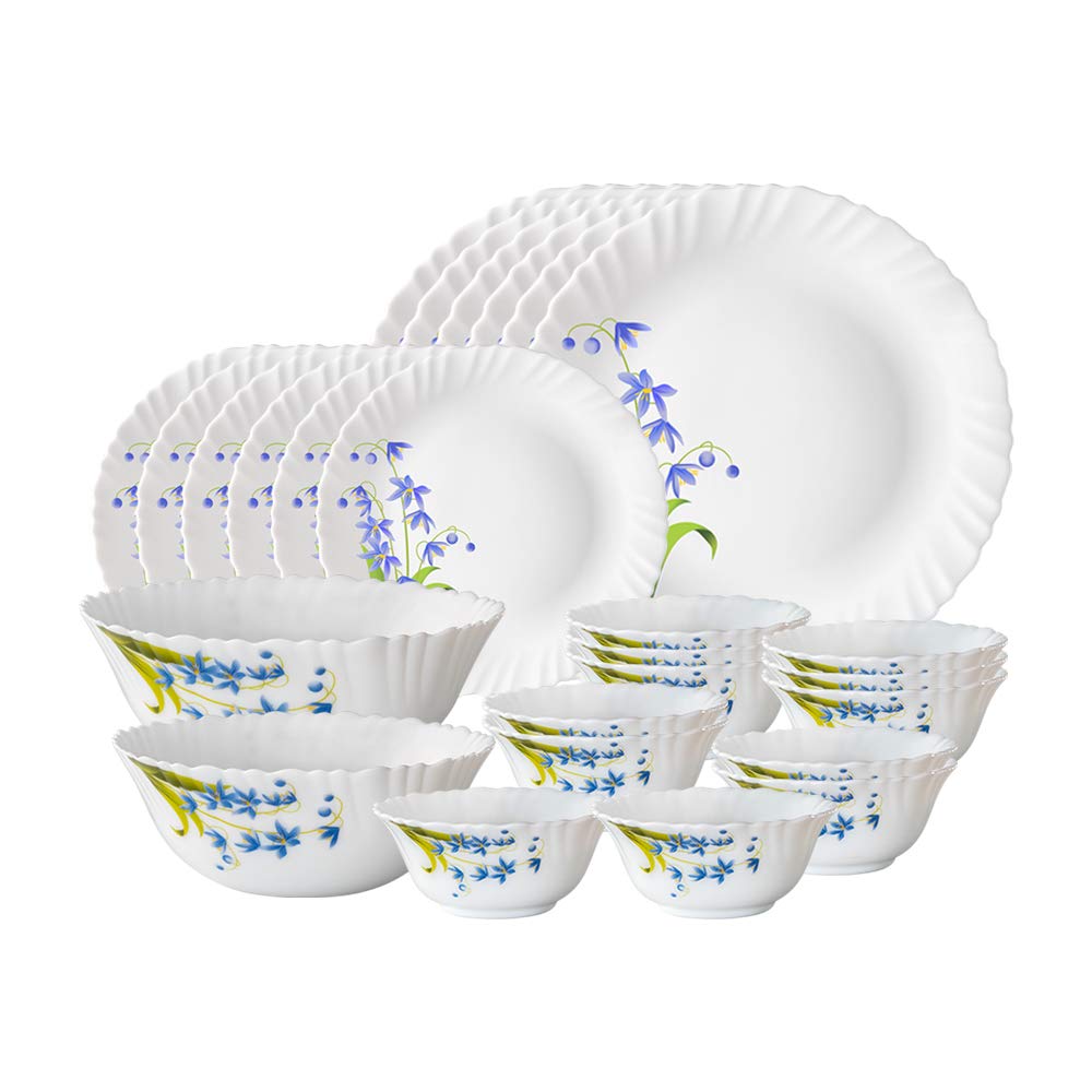Larah By Borosil Lavender Opalware Dinner Set, 26 Pcs, White