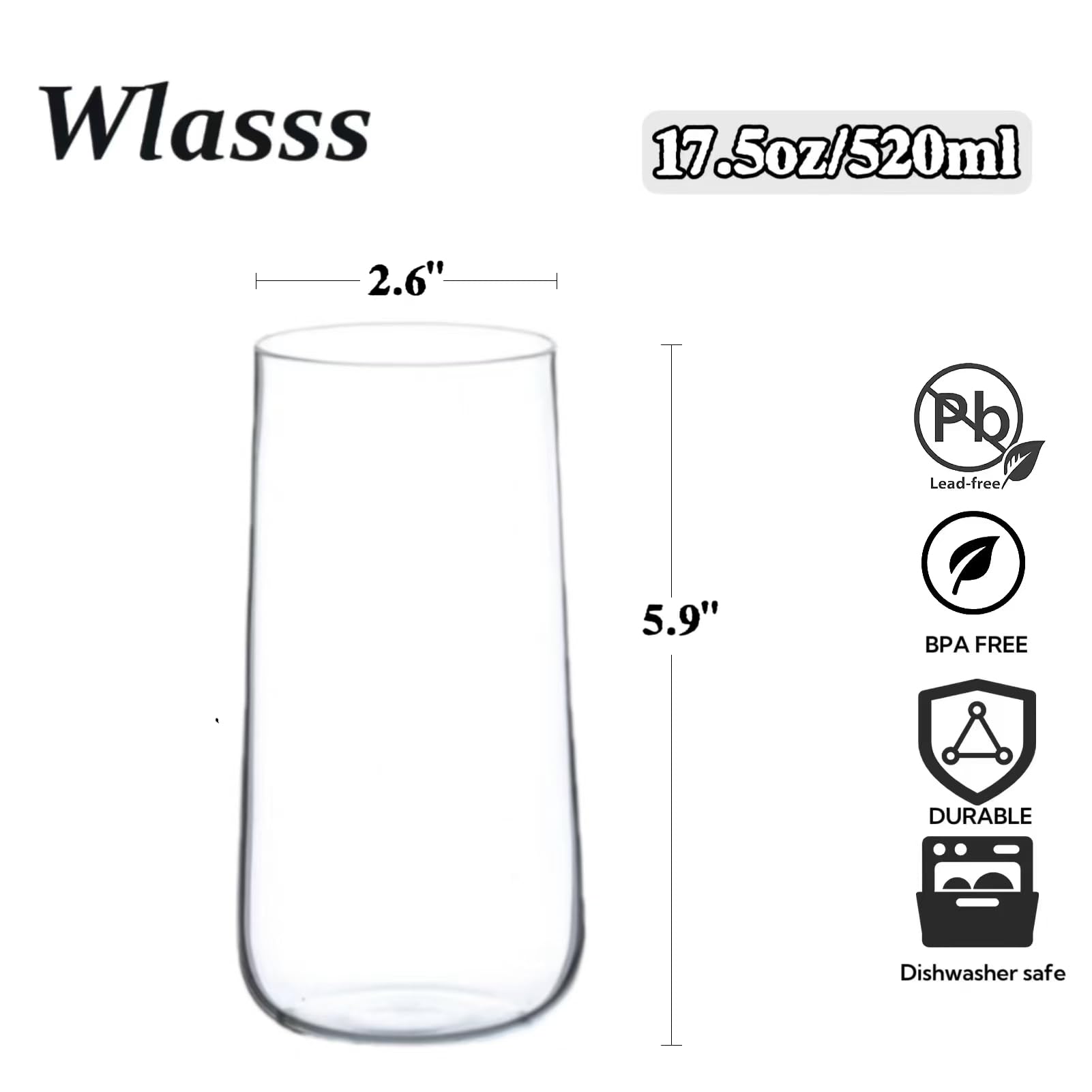 Wlasss Water Glasses Set of 6, 17.5oz Large Drinking Glasses, Clear Crystal Lightweight Glass cups, Glassware Set for Juice,Iced