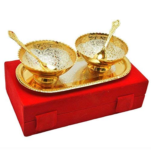 Obbi TM obbi Metals Handmade Gold Silver Plated 5 Pices 2 Bowl ||2 Spoon||1 TraySpecial Standerd Red Box Packing is Used for Dry