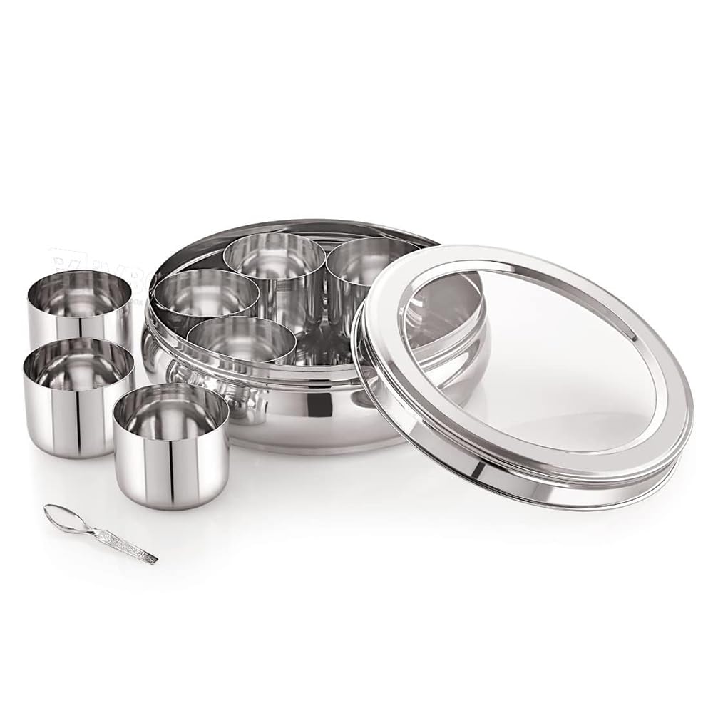 Blluex Stainless Steel Masala Dabba | 7 Containers Spice Organizer Box For Kitchen With Small Spoons | Dishwasher Safe Transpare