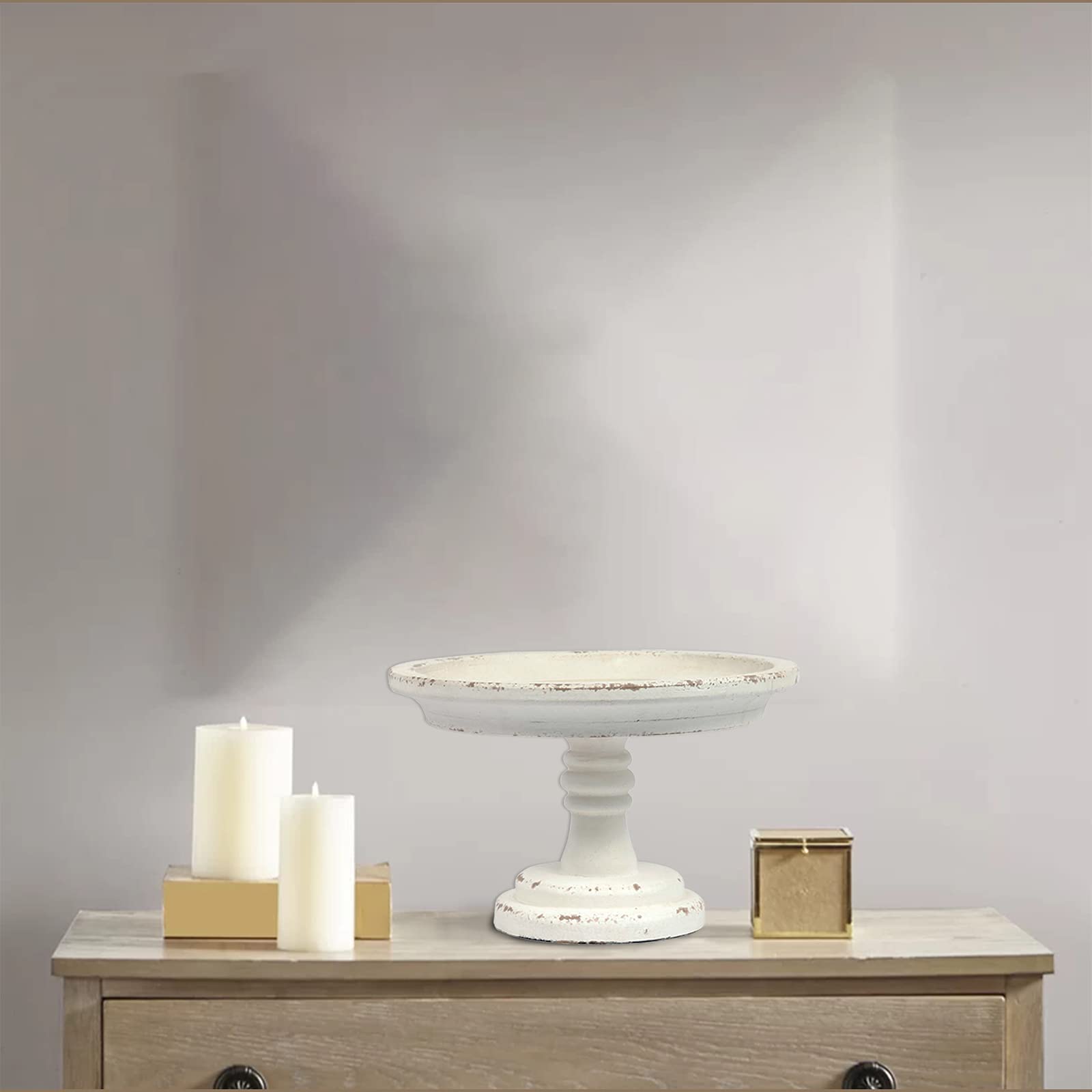 Rustic White Wood Pedestal Tray Stand For Table Decoration,Round Distressed Finished Cake Stand Dessert Table Display,Farmhouse