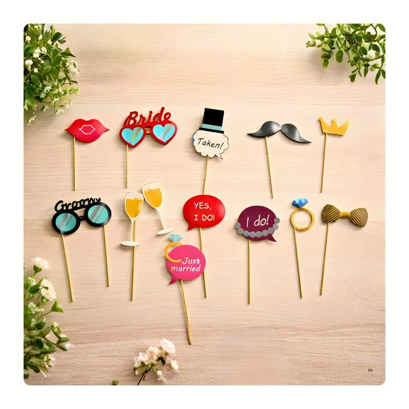 Shimmers Bride Groom Photo Booth Props Set of 12 with Funny Wedding Signs, Glasses, Rings, Lips, Crown and Mustache Sticks for E
