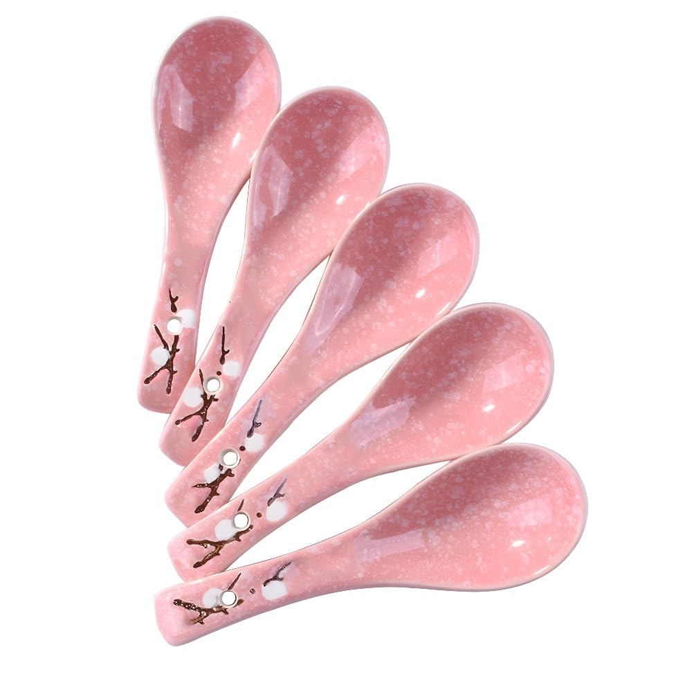 Japanese Soup Spoons Set Of 5, Pink Asian Spoon Suitable For Soup, Ramen, Pho, Gravy, Cake, Oatmeal, Chaos, Dumplings,Salad