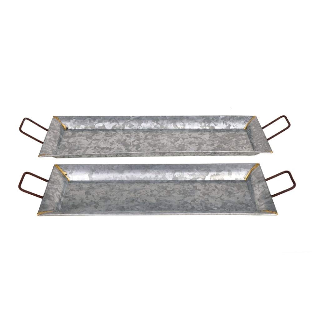 Benzara Rectangular Shaped Metal Galvanized Trays, Set of 2, Silver