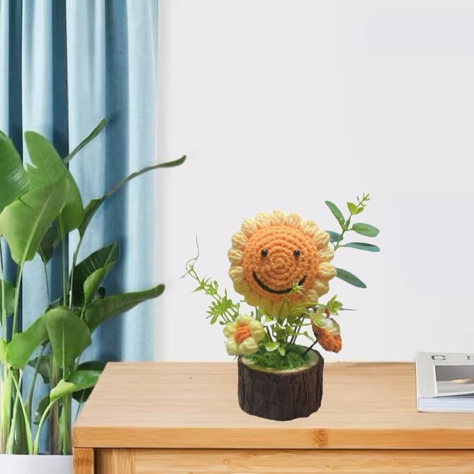 Tileafry Handmade Crochet Sunflowers Flowers Bouquet Creative Knitted Potted Plant Cute Home Desktop Decorations and Gifts for F