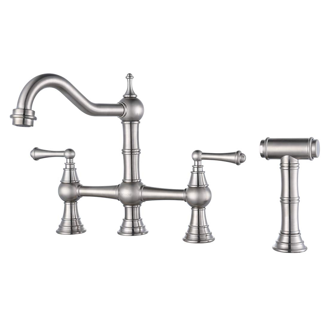 Wowow 8 Inch Centerset Bridge Kitchen Faucet With Brass Side Sprayer 2 Handles 4 Holes Antique Classic Heritage Deck-Mount Kitch