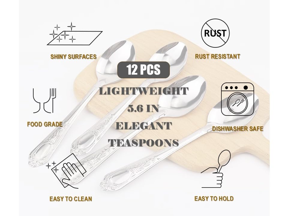 Teaspoon 12 Pieces Stainless Steel Mirror Polished Dishwasher Safe Rust And Heat Resistant Dessert Spoons
