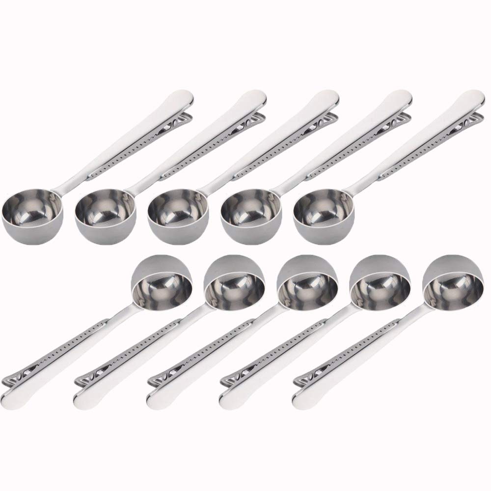 10 Pakcs Scoop And Clip,2 In 1 Stainless Steel 1 Tbsp Ground Measuring Spoon With Bag Clip For Coffee Tea