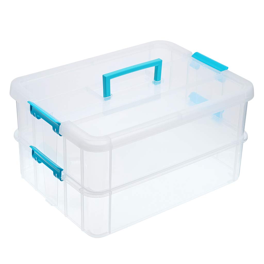 Juxyes 2-Tiers Stack Carry Storage Box With Handle, Transparent Stackable Storage Bin With Handle Lid Latching Storage Container