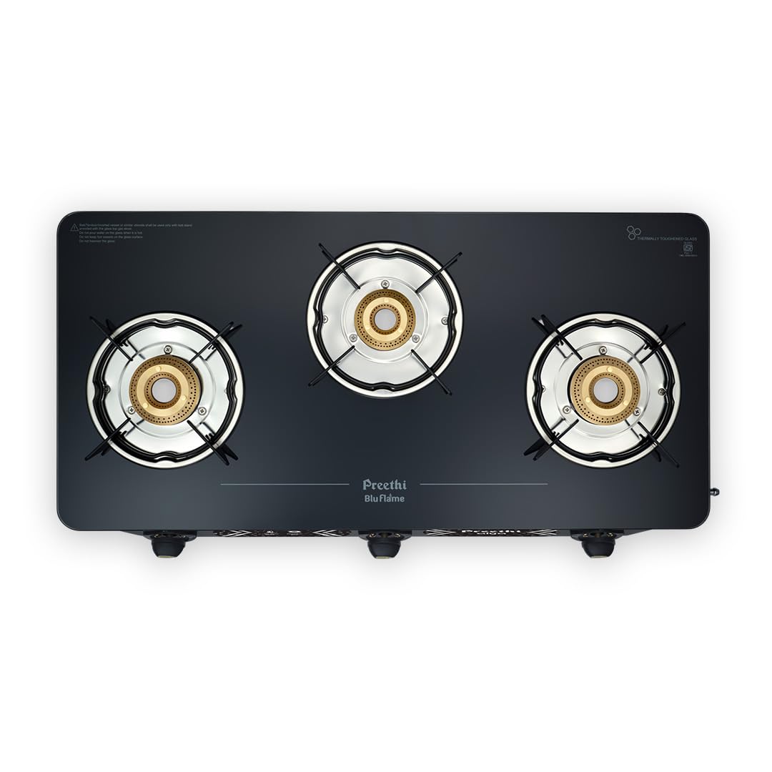 Preethi Alya Glass Top Gas Stove | 3 Burners I Lifelong Free Service I 5-Year Warranty I Isi Certified I 6Mm Toughened Glass I H