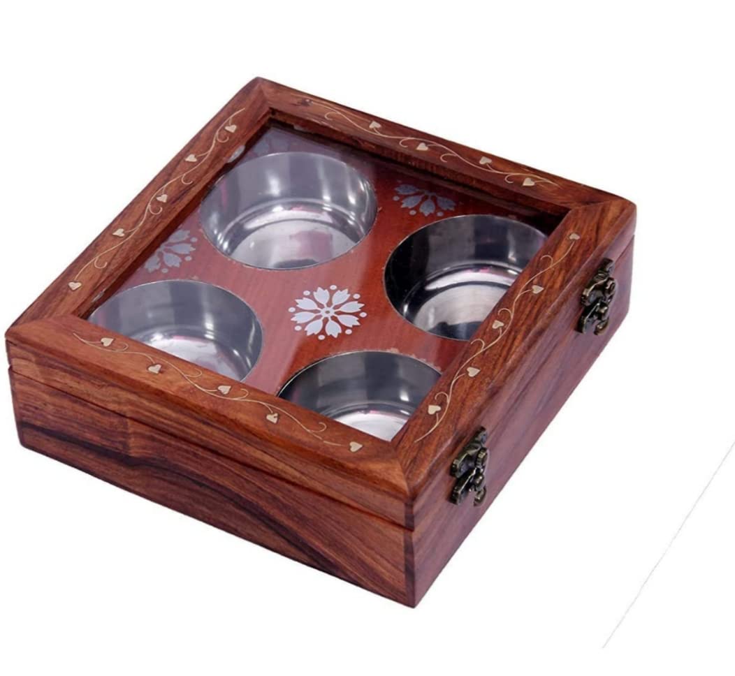 Delux Wood Carver Spice Box With Spoon In Sheesham  Spice Box For Kitchen Indian Wood Container With Lid Decorative Masala Dabb
