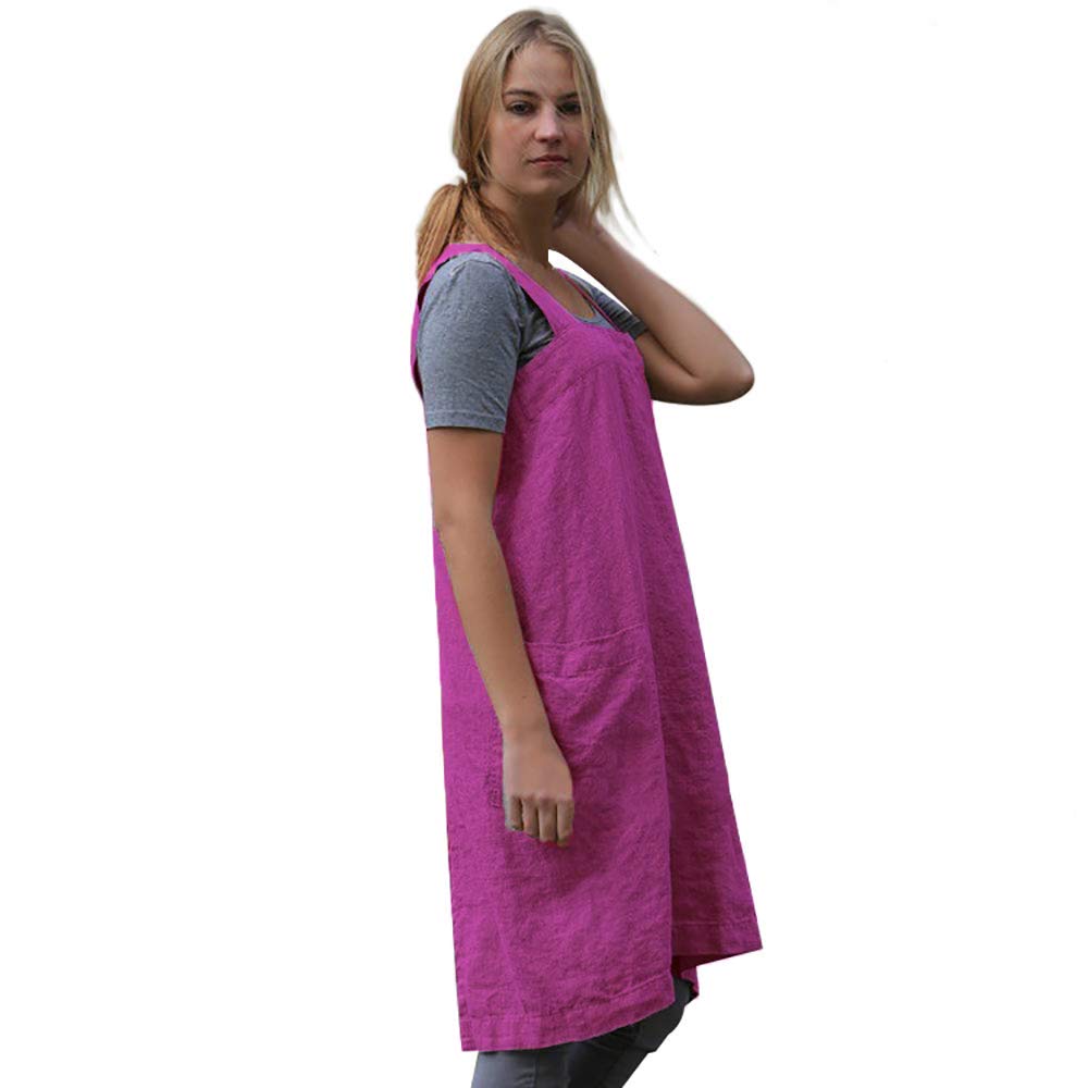 Women'S Pinafore Square Apron Baking Cooking Gardening Works Cross Back Cotton/Linen Blend Dress With 2 Pockets Purple Red-S