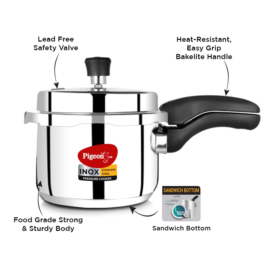 Pigeon Pressure Cooker - 3 Quart - Inox Stainless Steel Outer Lid Induction Base - Cook delicious food in less time: soups, rice