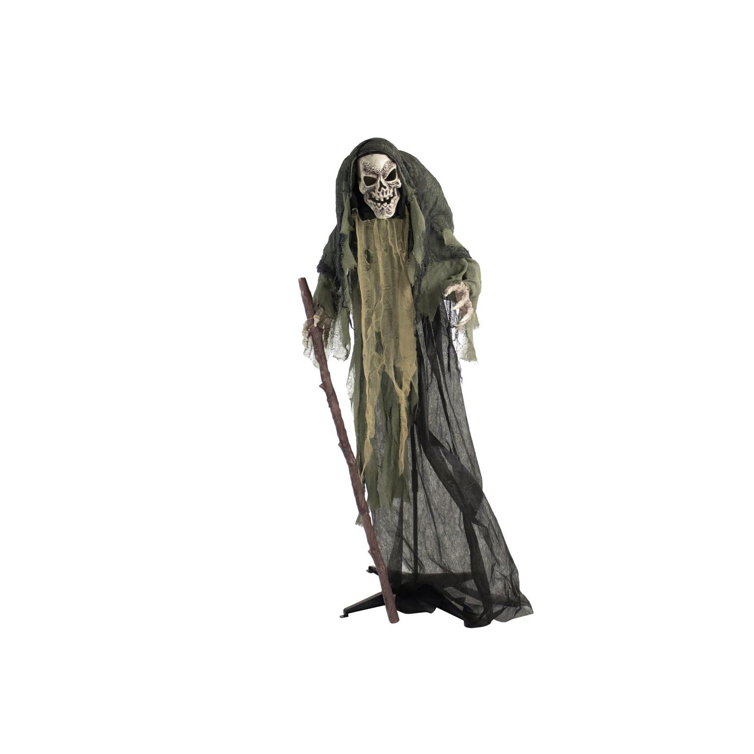 Haunted Hill Farm Life-Size Scary Skeleton Reaper Holding Staff, Halloween Animatronic with Touch Activated Lights and Sound, Ba