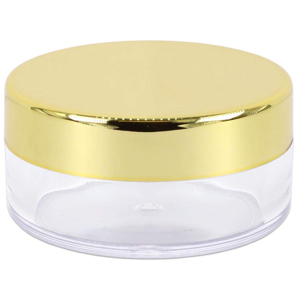 Beauticom 10g/10ml (0.35 Fl Oz) Round Clear Jars with Round Top Lids for Creams  Lotions  Make Up  Powders  Glitters  and more... (Color: Metallic Gold Lid  Quantity: 40 Pieces)