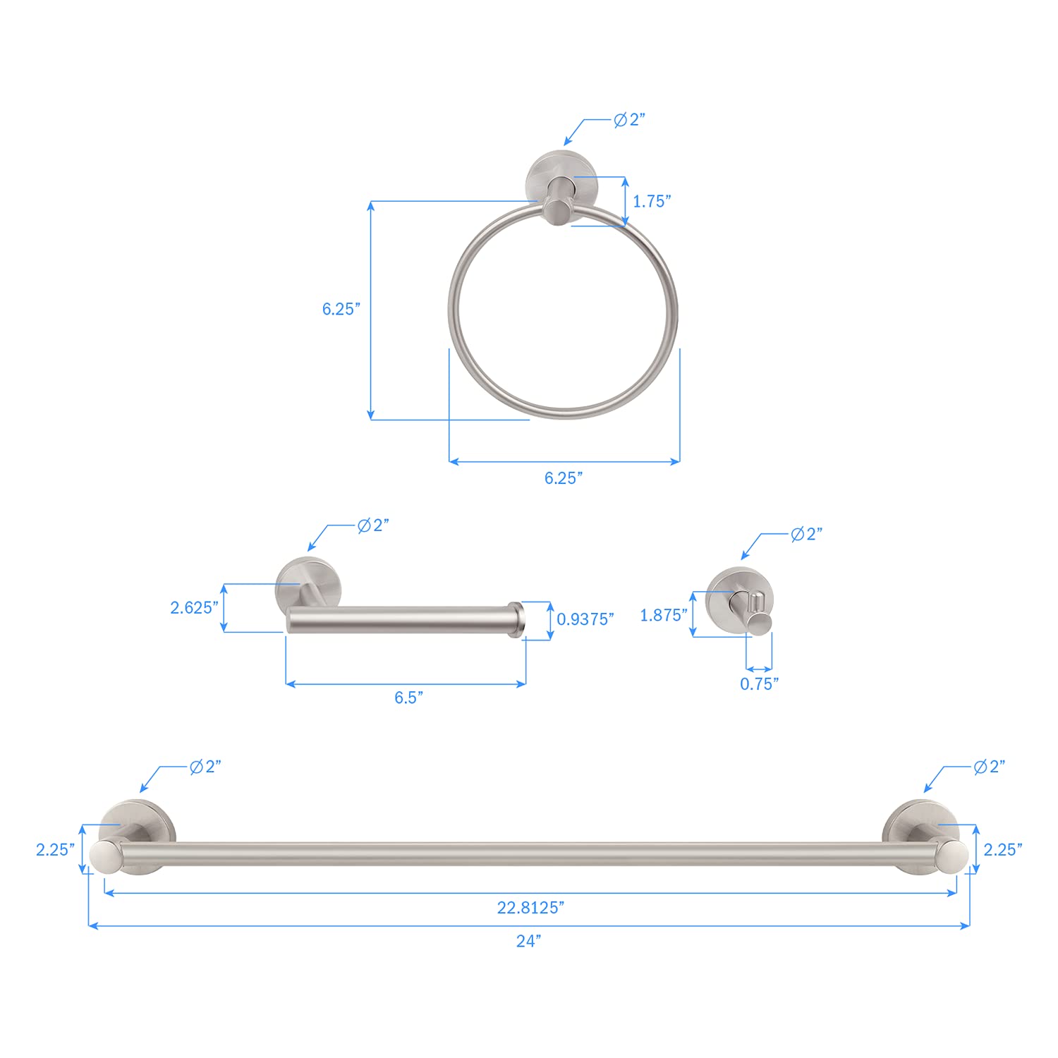 Nuk3Y Luna Modern Round 4 Piece Bathroom Hardware Towel Bar Accessory Set (24'' Set, Satin Nickel)