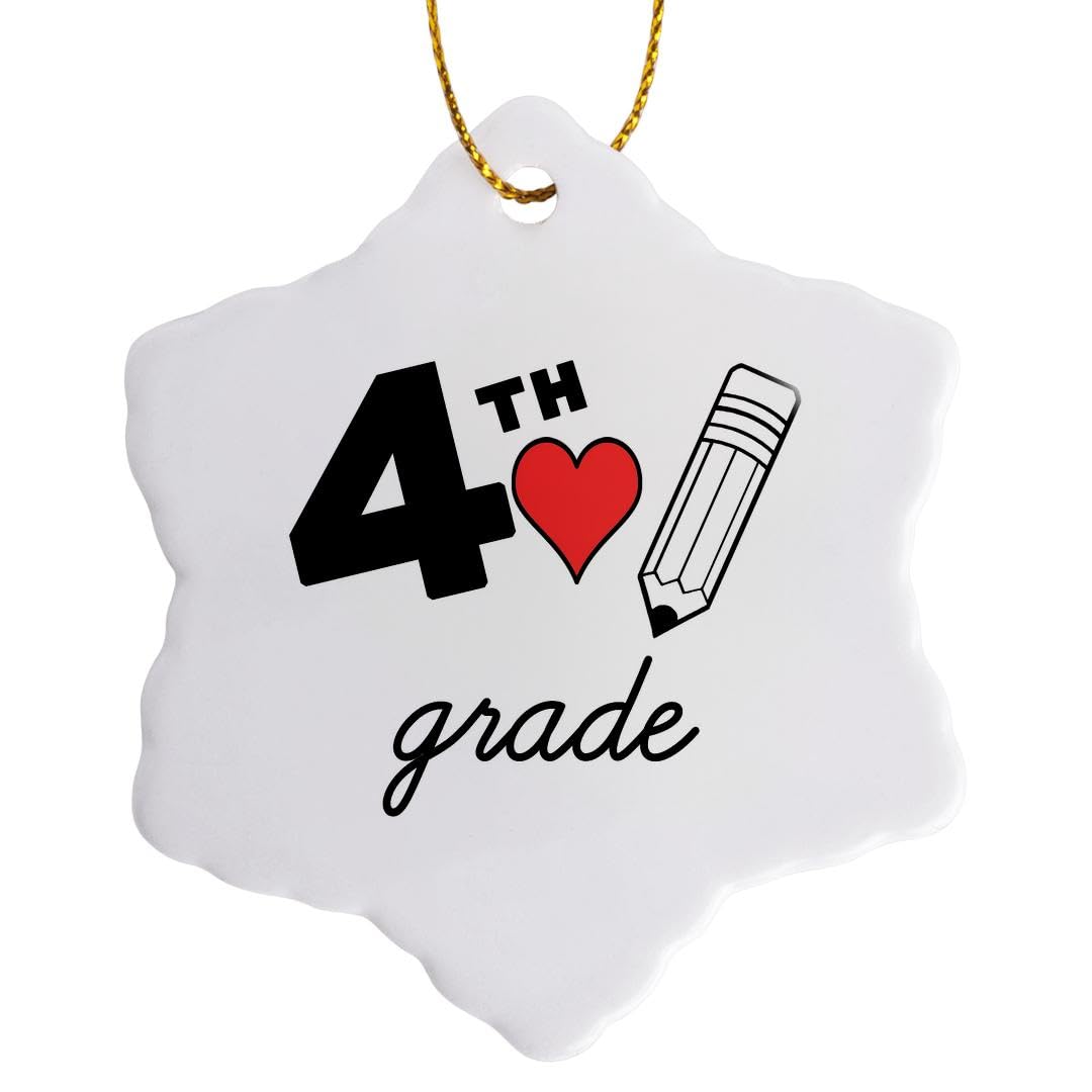 3 inch Snowflake Porcelain Ornament - 4th Grade with Clipart red Heart and Pencil. Black Lettering on White. Stamp City - Typogr
