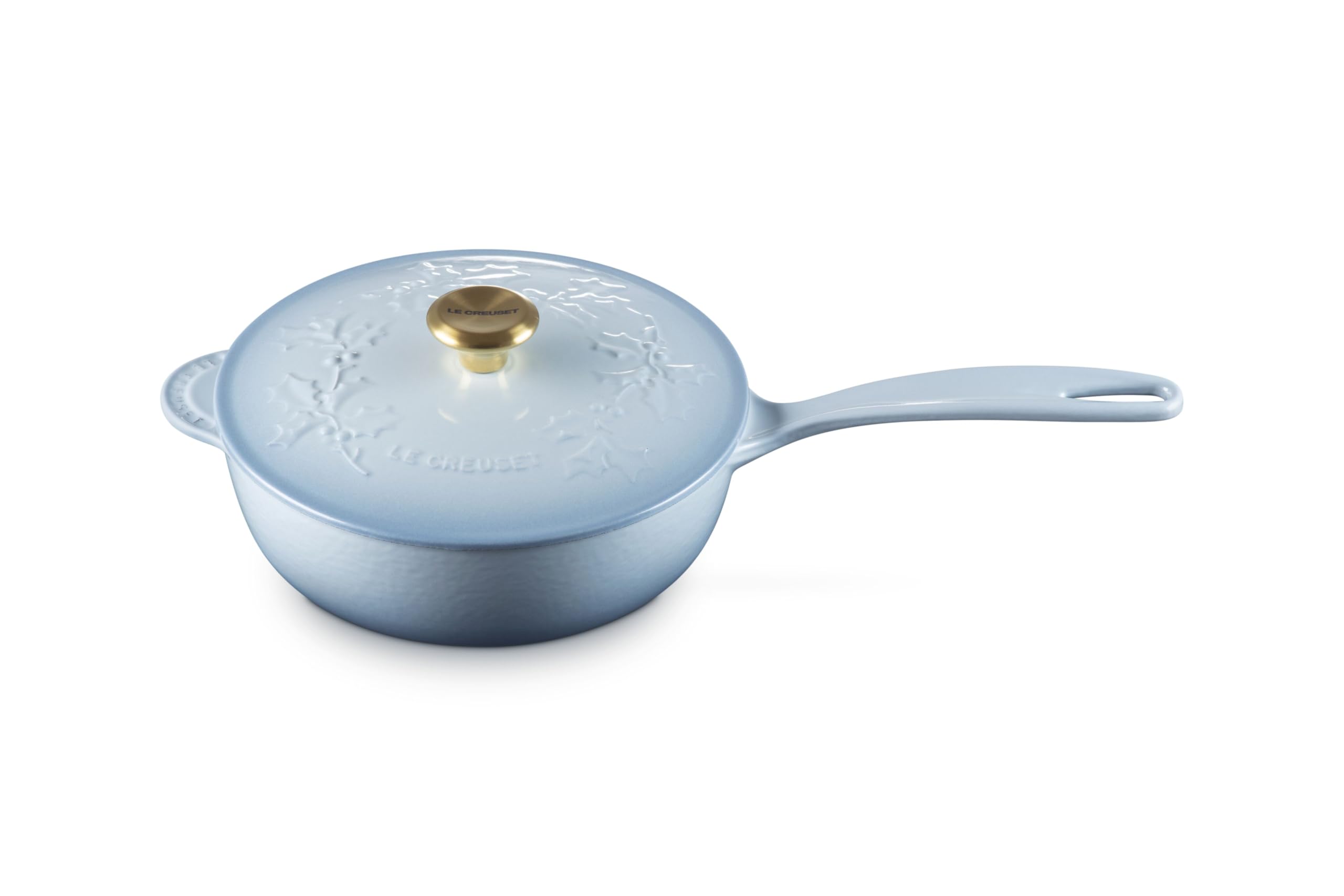 Le Creuset Enameled Cast Iron Holly Collection Traditional Saucier, 2.25 qt., Coastal Blue with Gold Knob