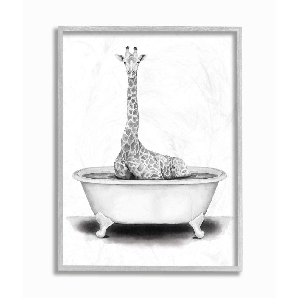 Stupell Industries Giraffe In A Tub Funny Animal Bathroom Drawing, Design By Rachel Neiman Wall Art, 16 X 20, Grey Framed