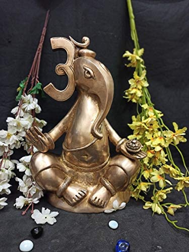 Kalarambh Brass Om Ganesha/Ganesh/Ganpati Idol Murti Statue For Home Pooja Puja Mandir Decor Collectible Handicraft Art, Yellow,