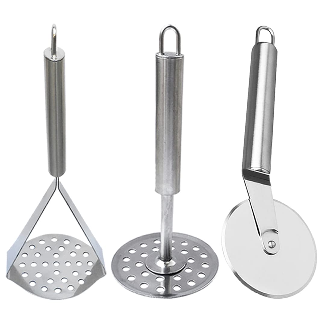 Oc9 Stainless Steel Pizza Cutter & (Pack Of 2) Potato Masher/Vegetable Masher/Pav Bhaji Masher For Kitchen