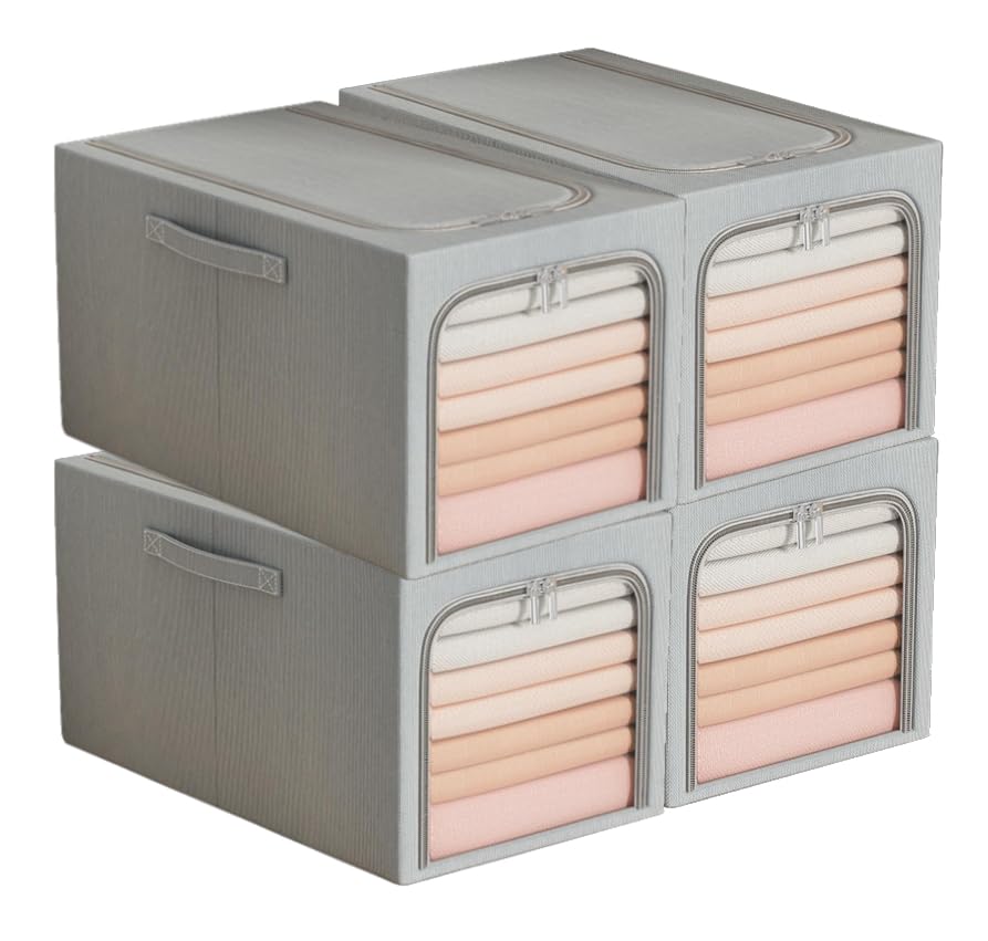 Flyngo 4 Pcs 31L Foldable Steel Frame Clothes Organizer Storage Box, Cloth Wardrobe Organizer For Storage Home, Bedroom With Han
