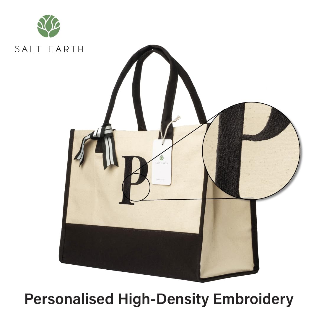 Salt Earth 100% Cotton Personalized Everyday Canvas Initial Tote Bag For Women, Monogrammed Large Utility Bag For Beach, Travel,