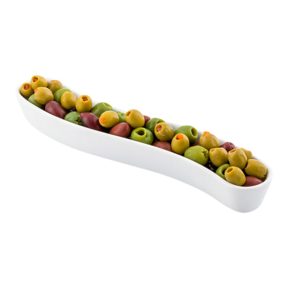 Swerve 6 Ounce Olive Plate, 1 Curved Olive Tray - Large, Chip Resistant, White Porcelain Olive Canoe, Dishwasher Safe, For Snack