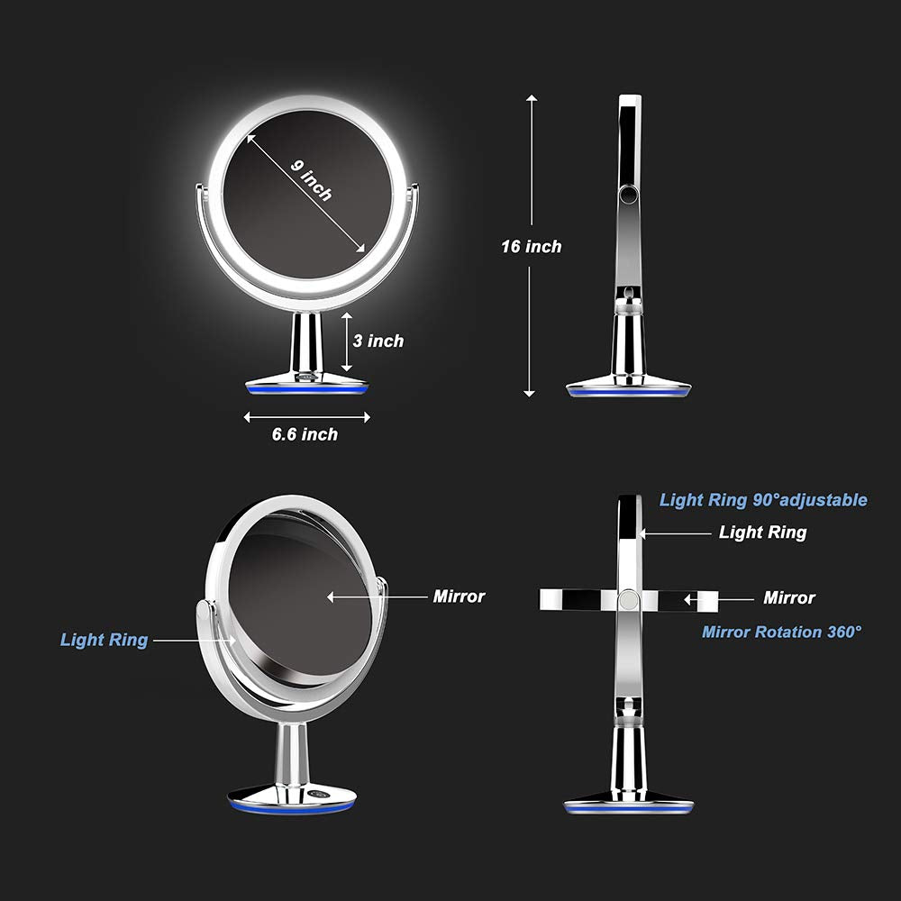 Superglow 9 Round Shaped Dual-Sided Lighted Makeup Mirror, 1X/5X Magnifying Vanity Mirror, Brightness 1000Lux, 360 Degree Rotati