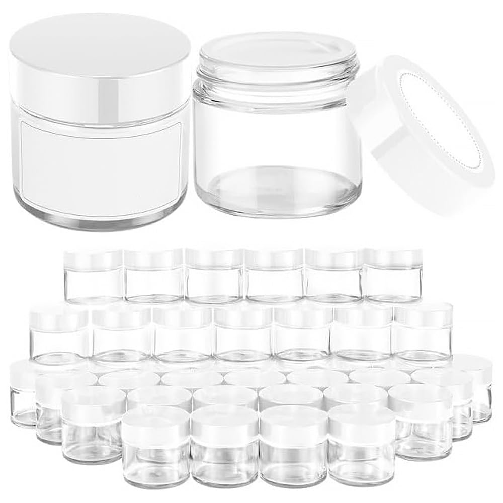 Bumobum 2 Oz Glass Jars With Lids, 48 Pack Clear Round Small Containers With White Lids, Blank Labels & Inner Liners, Empty Cosm