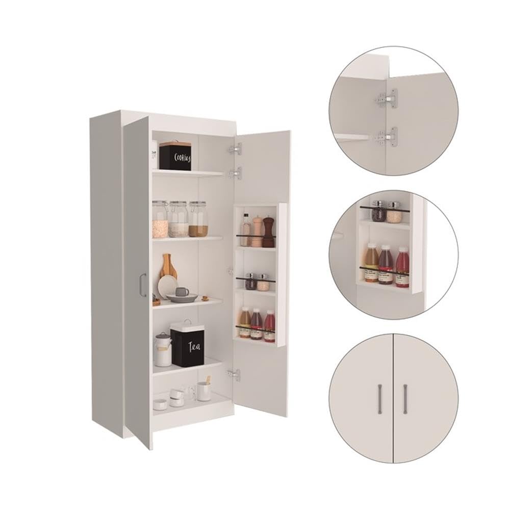 TUHOME Varese Pantry Cabinet  Two Door Cabinet  Three Internal Door Shelves  Five Shelves  White   For Kitchen Room