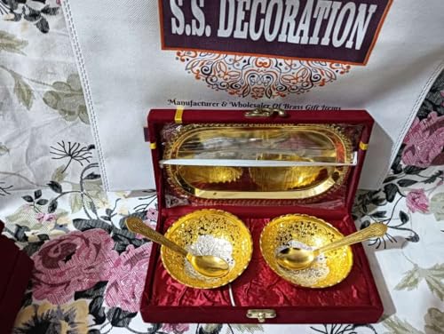 SS DECORATION Brass Floral Bowl Set with Tray and Spoon Pack Used for Diwali Gifting Dry Fruit, Sweets and Home Decor