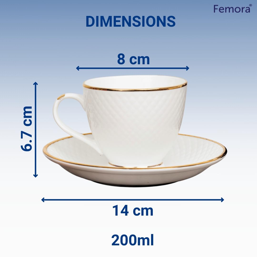 Femora Bone China Gold Line Diamond Cut White Cups & Saucer- 6.42 Oz- Set Of 12 (Diamond)