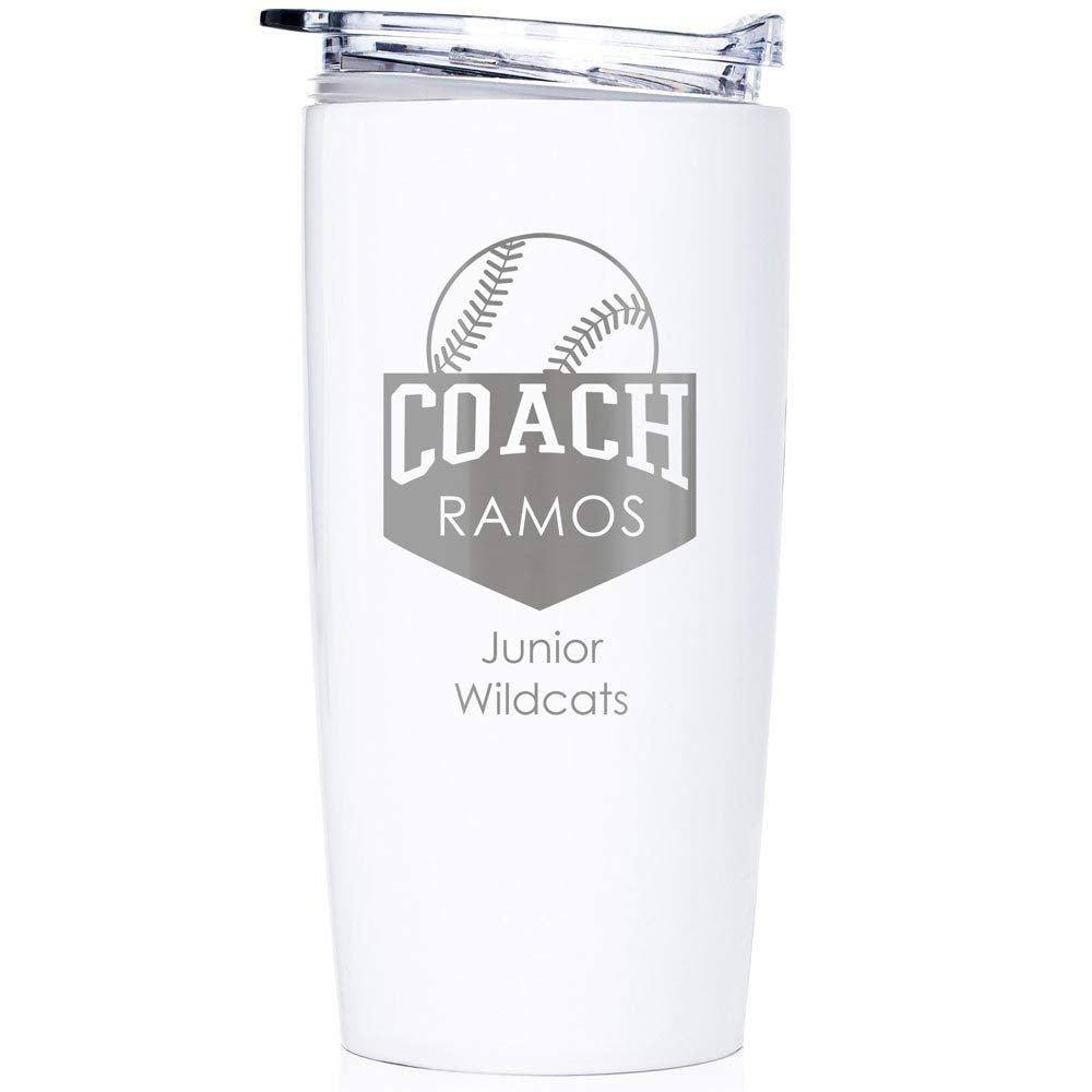 Lifetime Creations Engraved Personalized Baseball Coach Tumbler (White) - Custom Engraved Stainless Steel Insulated Coffee Trave