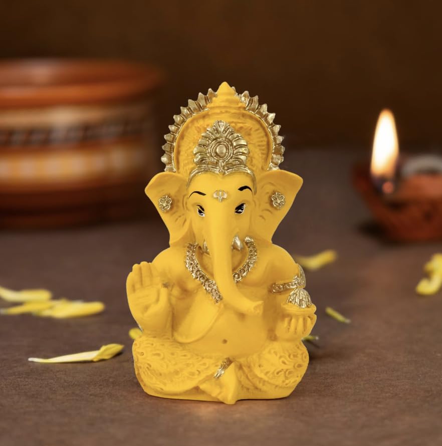 My Creative Hut Ganpati Idol Home Decor Item Ganesh Murti Statue For Gift, Puja Ghar, Gifting, Office, Car Dashboard (Yellow)