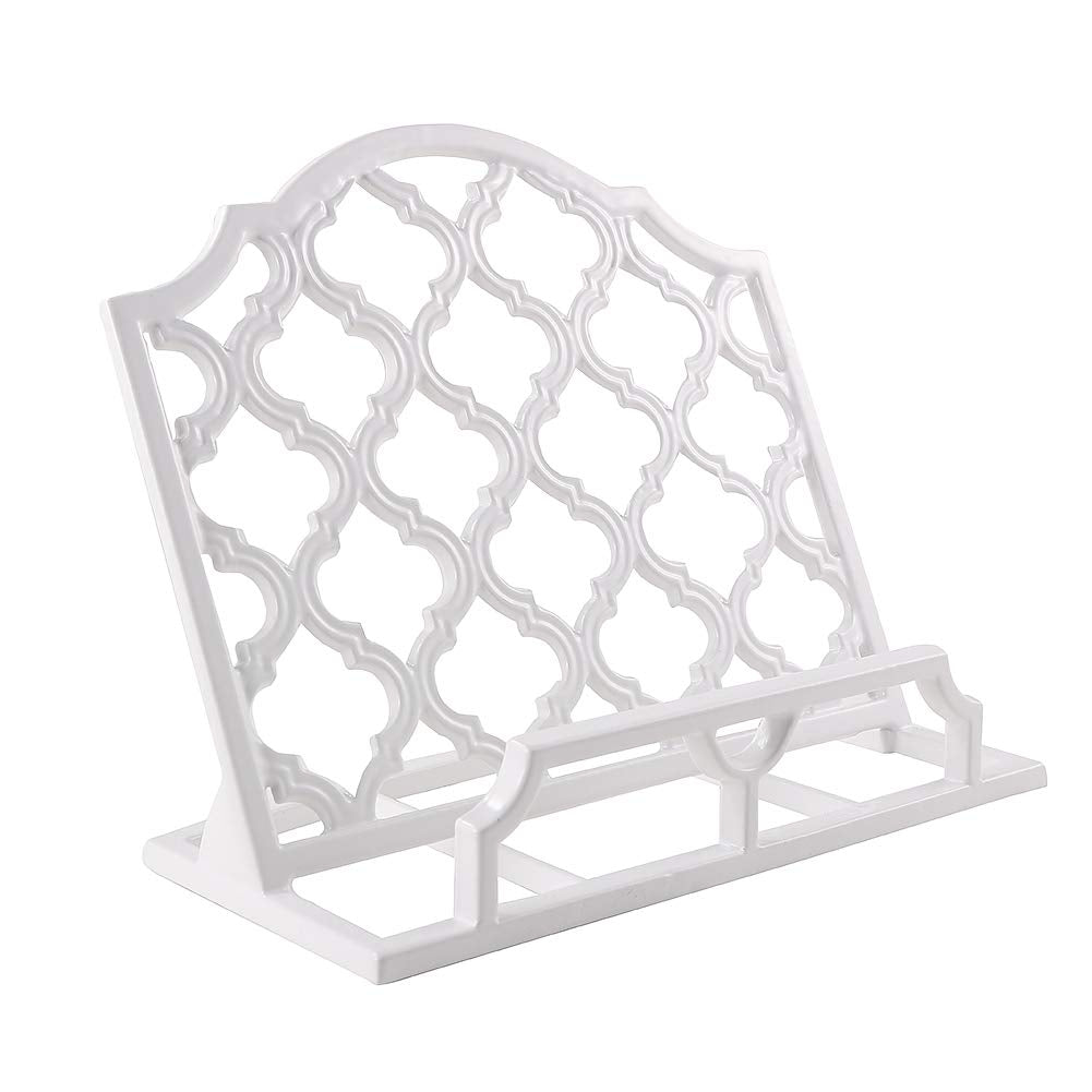 Vintage Cookbook Stand Cast Iron, Decorative Metal Cookbook Recipe Holder for Cookbooks or iPad Stands for Kitchen (White, 11.2 