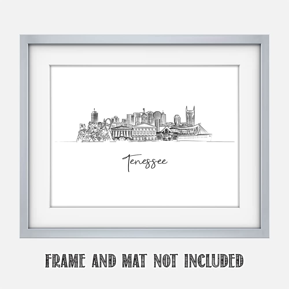 Tj Originals - Tennessee City Skyline Landscape Hand Illustrated Wall Art Decor - Unframed 11 X 14 Black & White Print - Anniver