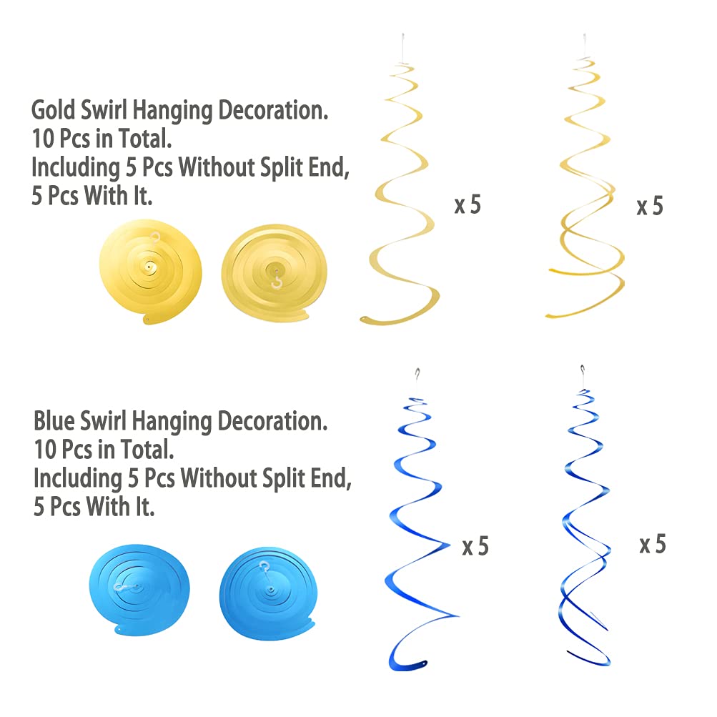 Mowo Gold And Royal Blue Foil Swirl Hanging Decoration For Birthday Graduation New Year Party Supplies,Pack Of 20