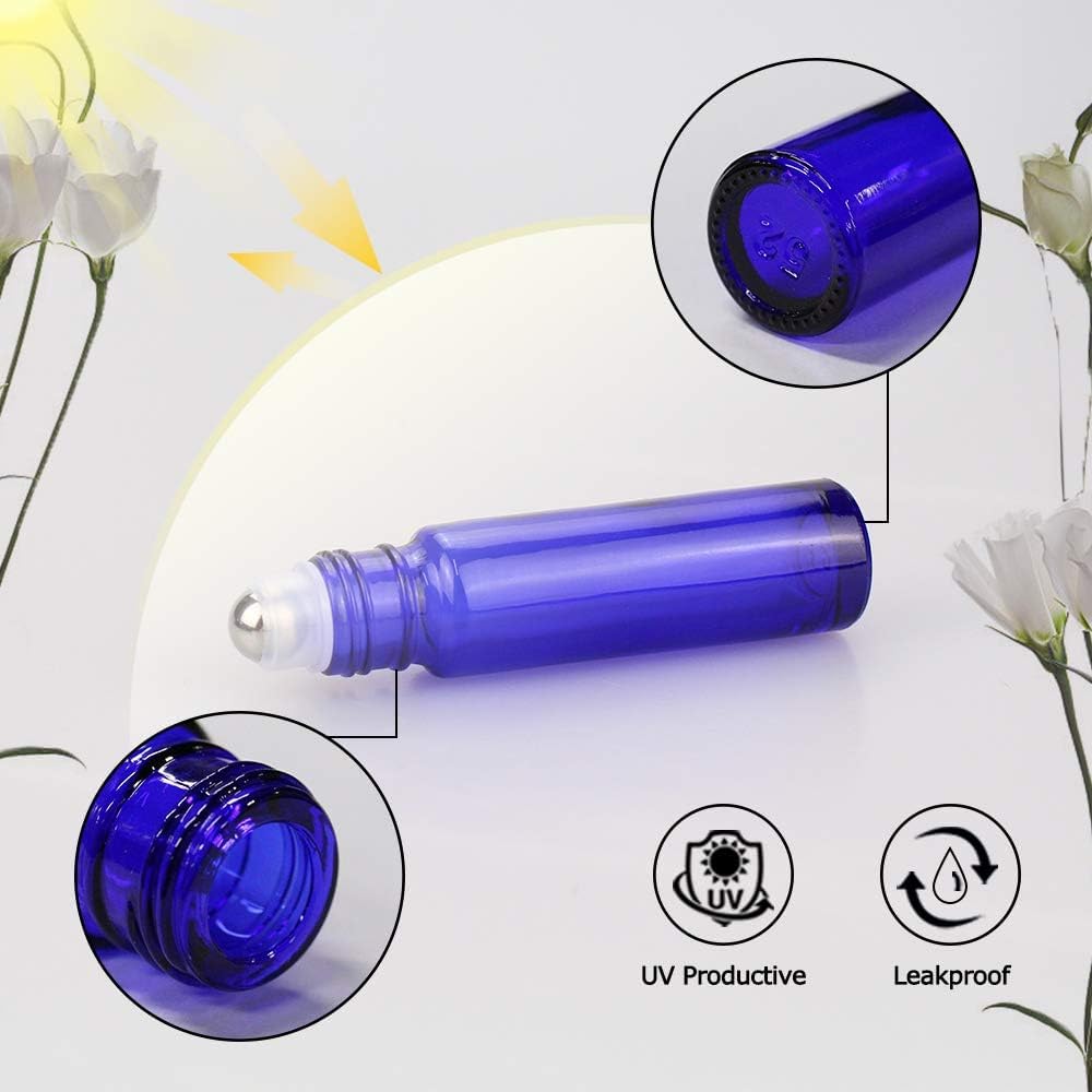 sungwoo 12 Pack Essential Oil Roller Bottles  10ml Blue Glass Roller Bottles with Stainless Steel Roller Balls and Caps for Travel  Perfume and Lip Gloss