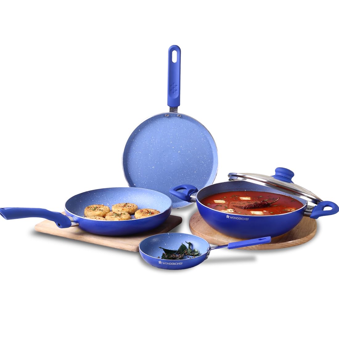 Wonderchef Royal Velvet NonStick Cookware 5 Pcs Set|Fry Pan With Lid, Kadhai, Dosa Tawa, Mini Fry Pan|Induction Bottom And Soft