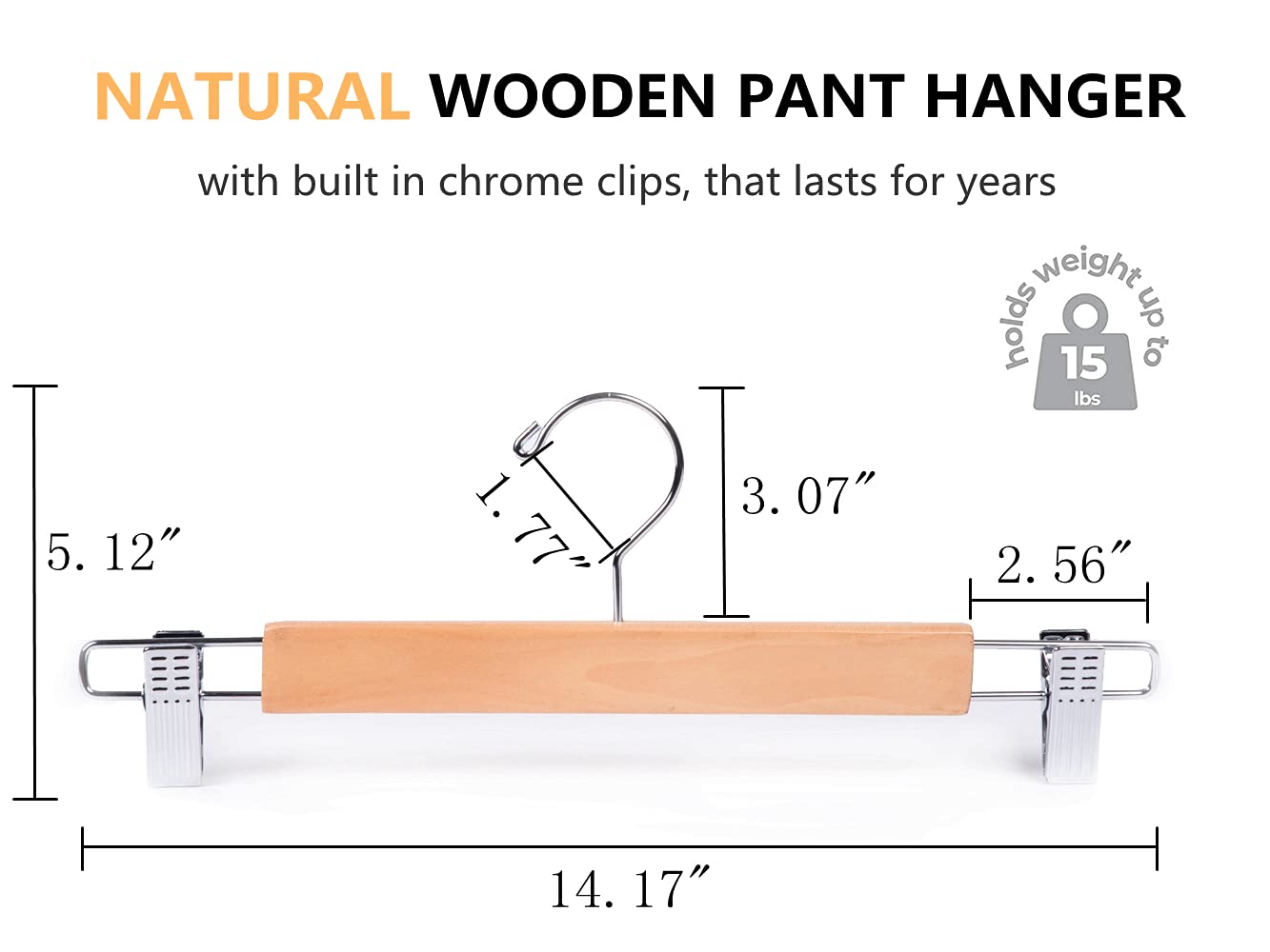 Amber Home 14.17'' Solid Natural Wooden Pant Skirt Hangers 10 Pack, Bottom Hangers For Slacks Trousers Jeans With 2-Adjustable A